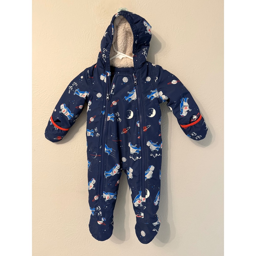 Baby Boden Navy Space Astronaut Fleece Lined Hooded Snowsuit Pram Suit 6-12M